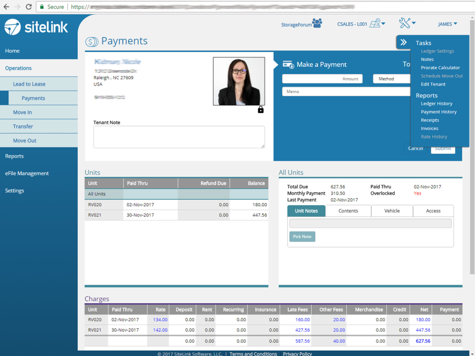 screenshot of SiteLink Web Edition